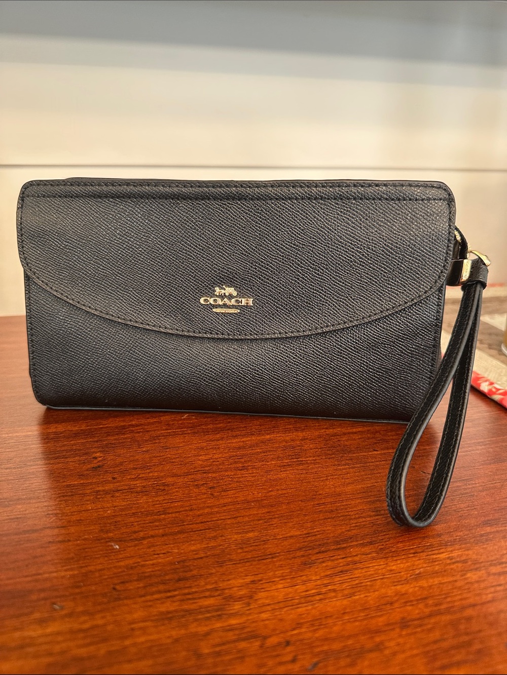 Coach Black Saffiano Leather Clutch Wristlet with Gold Logo
